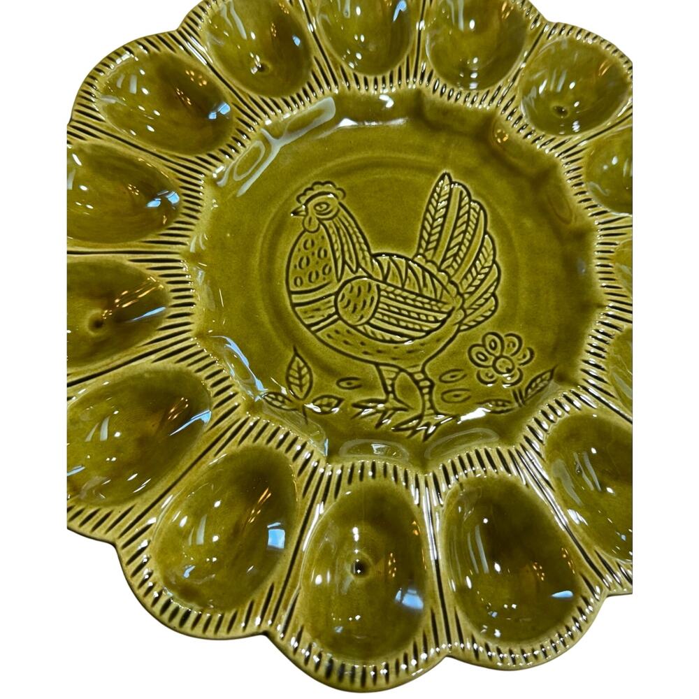 Vintage CALIF USA S 29 Deviled Egg Platter Avocado Green Chicken Folk Art - Picture 3 of 11